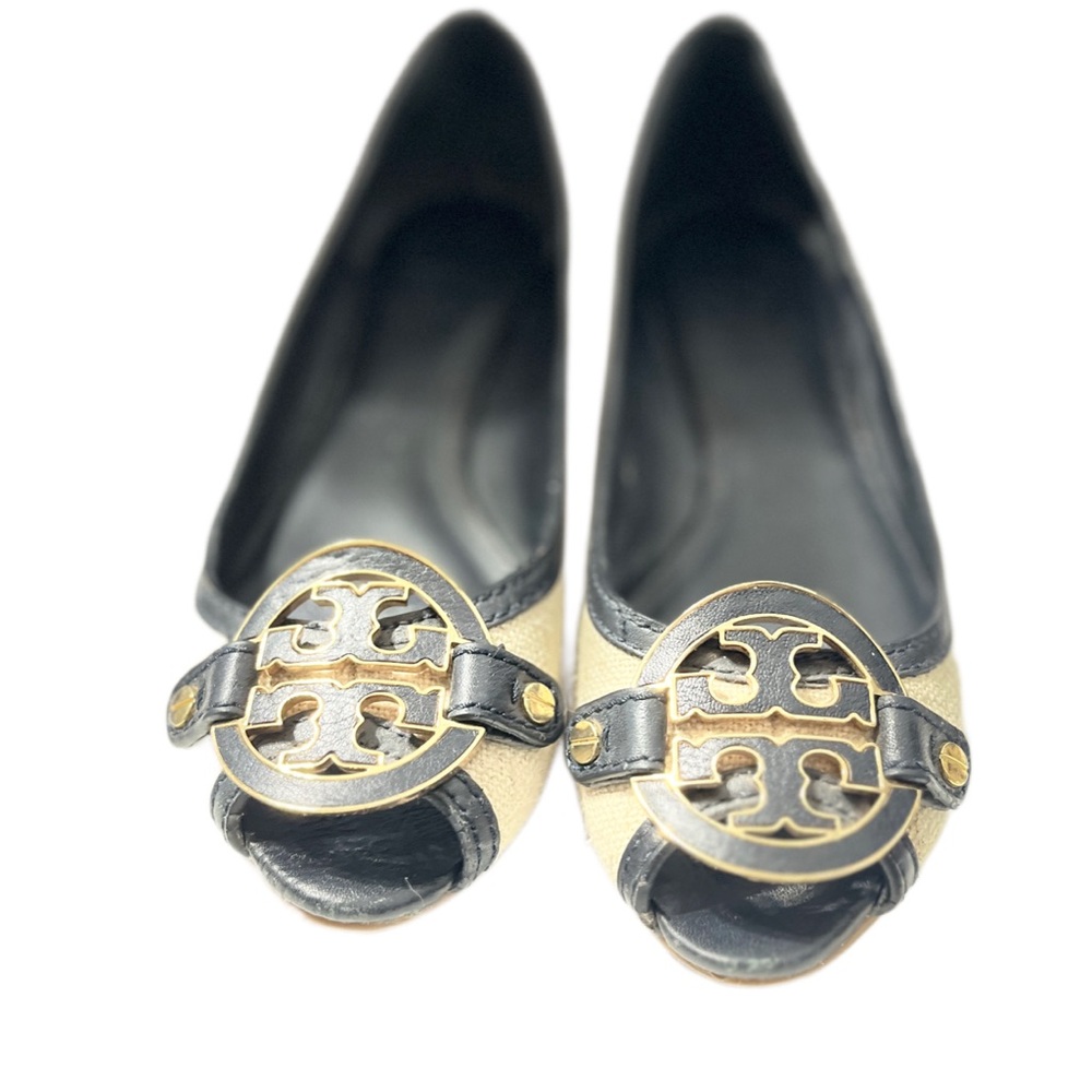 Tory Burch Black and Tan Flats with Gold Emblem